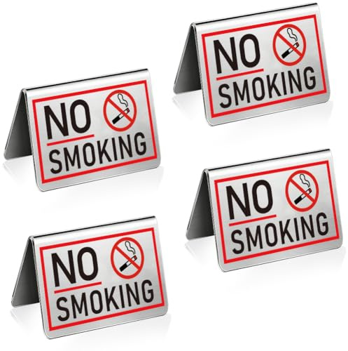 PRESSINART 4 Panneau de Table No Smoking 3.94 x 2.36 Pouces en Acier Inoxydable Panneaux de Tente No Smoking à Double Face Indicateur D'Avertissement de Bureau pour Restaurant Bureau Hôtel Hôpitaux