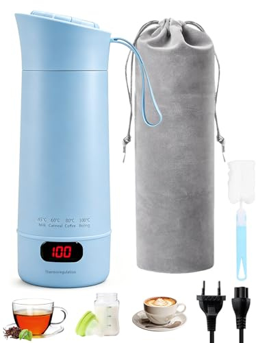 Elektrischer Reisewasserkocher Klein 400ML, Kleiner Wasserkocher Reise Schnelles Kochwasser mit Temperatureinstellung e Automatischer Abschaltung, Konstanter Temperatur für Tee Kaffee Babymilch, Blau