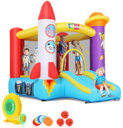 Castillo Inflable para Niños con Tobogán, Soplador, Astronauta & Cohete Castillo Inflable para Niños con Soplador y Tiro de Bolas, Casa Inflable Interior/Exterior (Rojo)