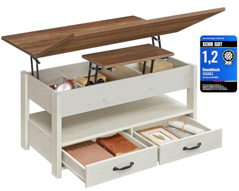 VASAGLE Couchtisch, höhenverstellbar, Gaszylinder, 2 Schubladen | Wohnzimmertisch, 3 Fächer unter der Tischplatte, 1 offenes Fach, honigbraun-vintageweiß, SIREN Kollektion LCT254W01