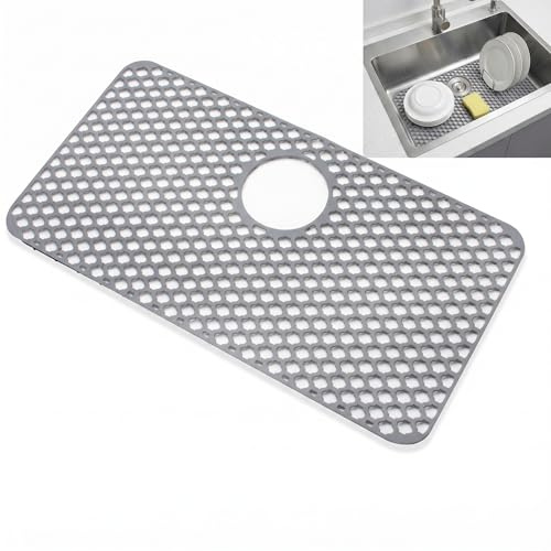 GLOBALHUT Tappetino Antiscivolo per lavello in Silicone, 66 x 35 cm | Con fori, resistente al calore, lavabile in lavastoviglie, protezione per piano di lavoro del bagno del camper, grigio
