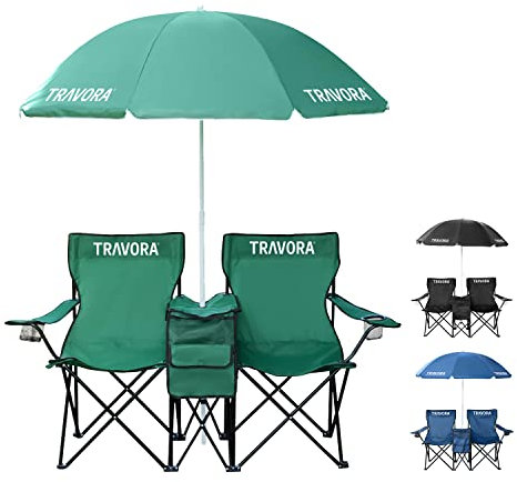 TRAVORA 2er Partner Camping Stuhl mit Sonnenschirm und Kühlfach und Logo- Campingstuhl faltbar für Zwei Personen - Klappstuhl Camping - Campingstuhl Angelstuhl als Doppelsitzer (Grün)