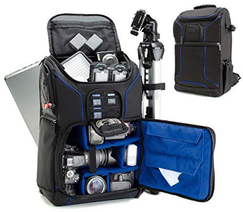 USA Gear Sac à Dos Appareil Photo Réflex Numérique avec Support Trépied, Compartiment Ordinateur Portable et Rangements Accessoires - Sac Photo Compatible avec Canon, Nikon, Pentax et Plus - Bleu