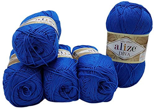Alize 5 x 100 Gramm Wolle Diva einfarbig, 500 Gramm merzerisierte Strickwolle Microfiber-Acryl (blau 132)
