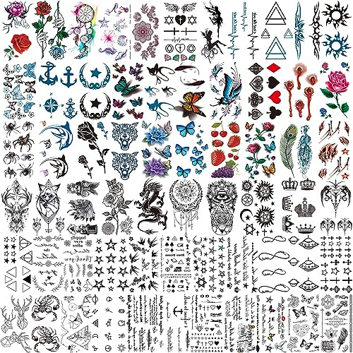 COKTAK 64 Blätter Klein Temporäre Tattoos Frauen Männer Mond Stern Schmetterling Vögel, Kinder Erwachsene, Hals Gesicht Fake Tattoo Aufkleber Set Glitzertattoo Bunt Party Zubehör