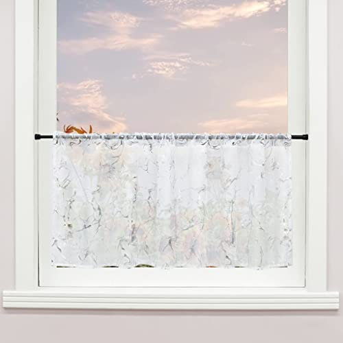 Delien Voile Scheibengardine Transparente Bistrogardinen Modern mit Silbermuster Küche Kurzstores Esszimmer Kurz Fenster Gardine Landhaus mit Durchstangenzug BxH 140x45cm,Weiß