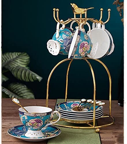Ensembles de tasses et soucoupes Tasse à café de Chine de luxe en Chine et soucoupe avec titulaire de la coupe Creative Haute envert Creative English Après-midi Tasse à thé Ensemble 6 pièces de tasse