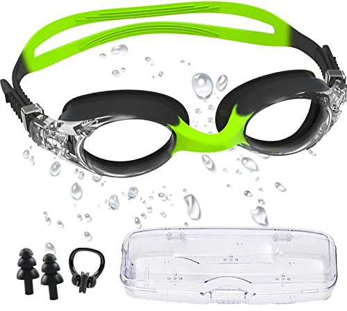 CYCFMYYLY Kids Swimming Goggles, Anti-Fog, Waterproof, UV Resist, Quick Adjustable Soft Strap, No Leaking, Green Goggles + Nose Clip + Swimming Ear Plugs