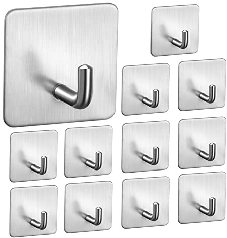 MoonSing Handtuchhaken Haken Selbstklebend, 12 Stück Edelstahl Klebehaken Handtuchhalter Wandhaken, Ohne Bohren, Wasserfest, Rostfrei,Ideal für Badzimmer Toilette Küche Schlafzimmer Büro, Silber