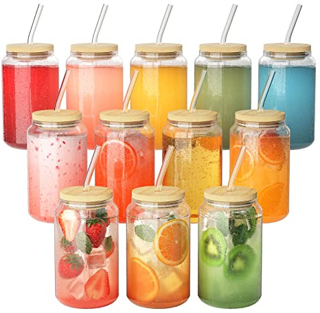 Finew [12 Packs] Drinking Glasses with Bamboo Lids and Glass Straws, 16oz Iced Coffee Cup, Can Shaped Glass Cups, Smoothie Cup, Glasses Tumbler for Beer, Cocktail, Milkshake, Tea, Transparent | 12 Set 480ML Iced Coffee Cup,Can Shaped Glasses Cups,Smoothie Cup,Glasses Tumbler for Beer,Cocktail,Tea,Milkshake,Transparent