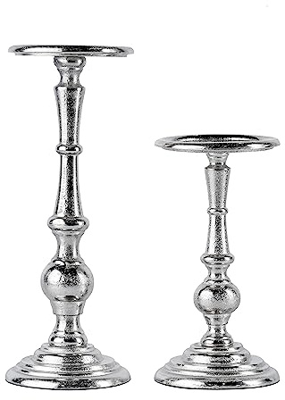 Kerzenständer 2er Set Kerzenhalter Metall Silber Deko - Kerzenleuchter Modern für Stumpenkerzen- Tischdeko Hochzeit - Dekoration Wohnzimmer - H 24 und 34 cm