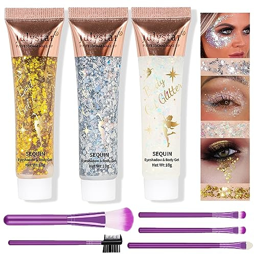 Sugeru 3 pcs glitzer gesicht gel mit Make-up-Tools für Körper,Gesicht,Haare,Nagelkunst | festival accessoires | body glitter gel | glitzer gesicht Make Up Kosmetik Festival Party(Gold + Silber + Weiß)