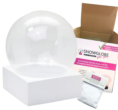 Bastelset DIY Schneekugel m. 1 x Schnee | Do it Yourself mit Glaskugel und Polyresinsockel weiß eckig | 150mm Durchmesser 180 mm Höhe | individuell Schüttelkugel | Glitzerkugel selbermachen | 40101