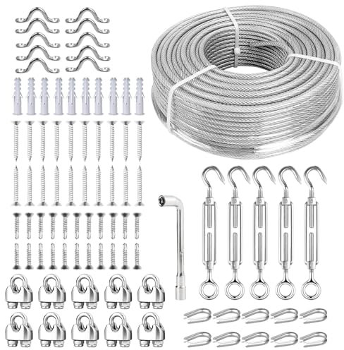 FSHIHINE Drahtseil 5mm, 50M Stahlseil ummantelt verzinkt mit Drahtseilklemme, M5 Seilspanner Edelstahl, Spanndraht für Garten, Wäscheleine, Lichter Hängen, Gardinen Seil, Zaun, Bilderaufhängen