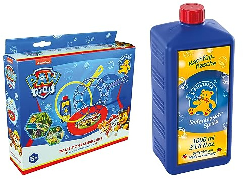 PUSTEFIX Multi-Bubbler PAW Patrol 250ml Kinder Set mit 2 Ringen für Kindergeburtstag - Große Seifenblasen + 1L Nachfüllflasche
