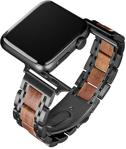 Naturholz Schwarz Walnuss Edelstahl Metallband, Ersatzarmband für Apple Watch Ultra & SE Serie 8 7 6 Serie 5 4 3 2 1,42mm 44mm 45mm (42/44 mm)