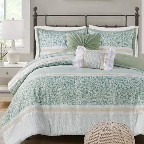 Madison Park Comforter Set, Seersucker Floral King Size Comforter Sets, Microfiber Comforters, All Season Lightweight Comforter, Throw Pillows, Caralie, King/Cal King Green 5 Piece