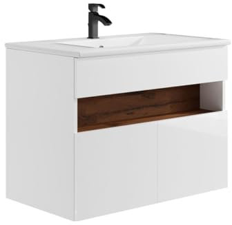 Vente-unique-Waschbeckenunterschrank hängend mit Einbauwaschbecken - mit LED-Beleuchtung - Weiß & Holzfarben dunkel - 80 cm - POZEGA