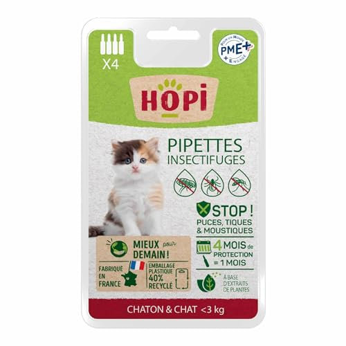 HOPI Pipette Anti Puces Chat et Chaton de Moins de 3 kg - 4 Mois de Protection Contre Les Puces, Les Tiques et Les Moustiques - Extraits de Plantes - Pratique et Facile - Fabriqué en France