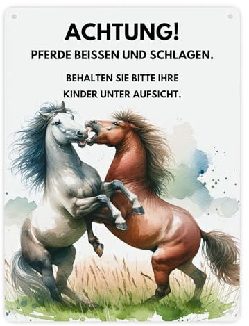 Pferd Metallschild XXL in 28x38 cm mit Spruch Vorsicht Pferde beißen schlagen Kinder überwachen Warnschild für Koppel Weide Beißen Schlagen Ideales Pferdeschild