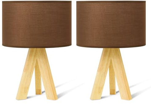 himmel 2er Set Tischlampe Holz, Tripod Schreibtischlampe, Nachttischlampe mit Stofflampenschirm für dekoratives Schlafzimmer, Wohnzimmer, Geschenk