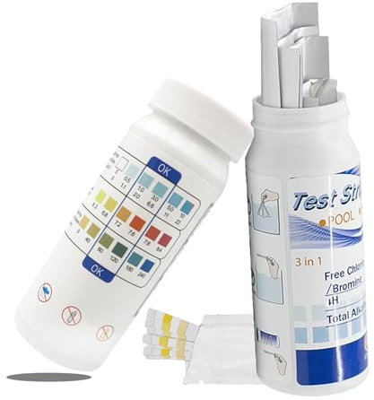 SHPUJUN 100 Stück Pool Teststreifen 3-In-1, Pool Und Messgerät Tester Wassertester, Wasser Strips, Digital Pooltester, Messstreifen für Ph-Wert/Härte/Freies Chlor/Alkalinität/Basen