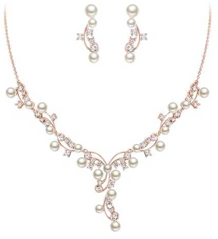 EVER FAITH Hochzeit Mode-Schmuck-Sets für Braut Zirkonia weiß simulierte Perle Halskette Ohrringe Set für Damen Klar Rosegold-Ton