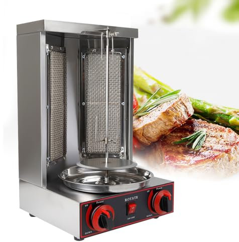 Dönergrill, LPG-Kebap Grill, 3000W 220V Vertikalgrill, Edelstahl Dönergrill Gas mit Drehspieß, Rotisserie Gyrosgrill Tischgrill Döner Grill Doner Kebab Machine für Gewerbe und Zuhause, 30x30x48cm