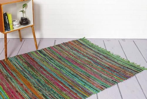 Chindi Flickenteppich, handgefertigt, Baumwolle, gefärbt, mehrfarbig, Raumdekoration, Yoga-Matte, Heimdekoration, recycelter Teppich, 1,5 x 0,9 m, Grün