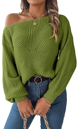FEOYA - Pull tricoté oversized sexy pour femme avec manches longues lanterne, pull épais à épaules dénudées, top doux pour femmes, Vert, L