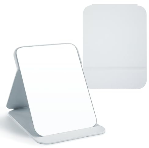WISYOK Espejo de Mesa, Espejo de Viaje Plegable con Varios ángulos de Apoyo, Espejo Plegable con Piel sintética Blanca PU, Espejo de Maquillaje Super HD, Espejo de Mano, Espejo Compacto - 26x12 cm