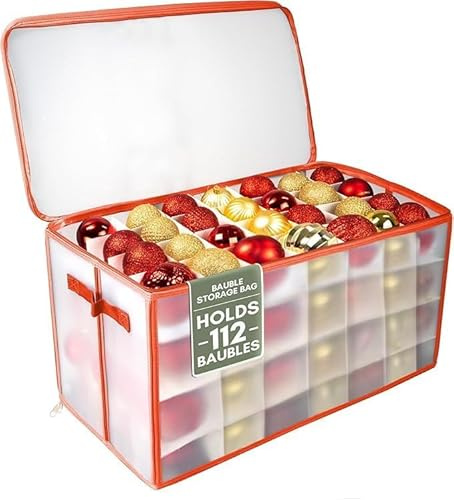 Pelle & Sol Christmas Bauble Storage Box with Dividers for 112 Ornaments, Christmas Decoration Storage with Zipped Lid, Handles, Sturdy Design - Perfect Storage Box for Decorations - Red