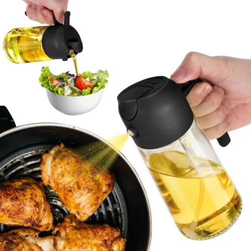 Spruzzino Dosatore Olio in Vetro 2 in 1 | Spruzzatore Olio 470ml | Dispenser Olio con funzione Dosatore e Spray | Nebulizzatore Olio per Friggitrice ad Aria, Cucina, Barbecue, Insalate | Colore Nero