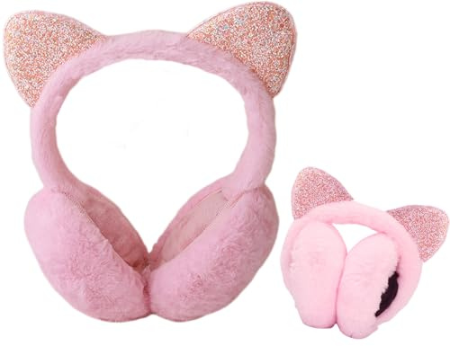Foldable Kids Plush Winter Earmuffs Cat Ears Inspired Girls Faux Fur Ear Warmer Boys Soft Cushioned Warm Ear Muffs Fleece Earflaps Cold Weather Ears Protector Kids Ski Snow Ear Covers Xmas Gift