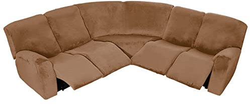 Samt-Stretch-Schonbezug für L-Form, 5-Sitzer, Ecksofa, 7-teiliges Set, waschbar, Couchbezug für Liegesofa, Kaffeefarbe