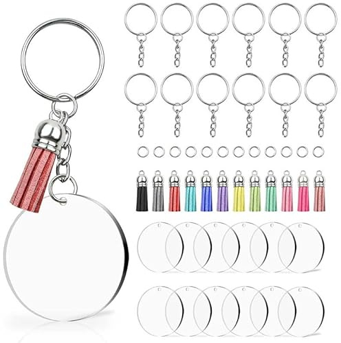30 Stück Acryl Transparent Kreis Scheiben Set mit Leder Quasten Anhänger Schlüsselringe mit Kette Schlüsselbund Rohlinge Biegeringe Schlüsselanhänger Kit für Basteln