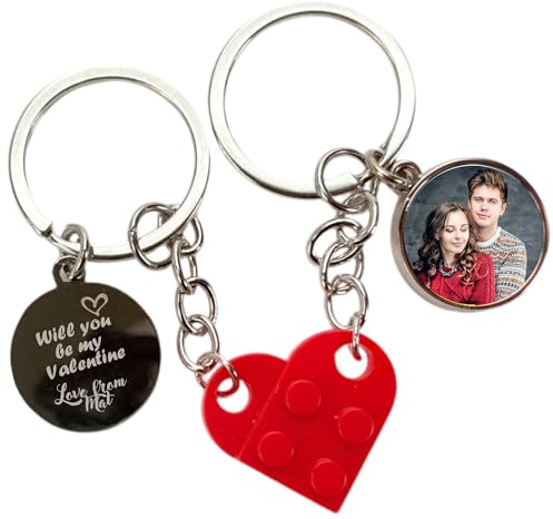 Personalised Heart Lego Puzzle Keyring, Custom Round Keyring, Photo Printed Keychain, Jigsaw Style Key Holder Gift for Him, Her, Husband, Wife, Valentines Gift, Round Tag With Lego Heart Keyring