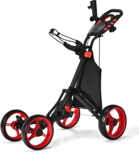 LIFEZEAL Carro de Golf Ligero con 4 Ruedas, Carrito de Golf Plegable con Bolsa de Almacenamiento, Freno de pie y asa Ajustable, 110 x 65 x 100 CM (Rojo)