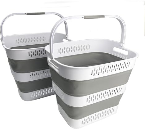 SAMMART 40L Zusammenklappbarer Wäschekorb aus Kunststoff mit Griffen – faltbarer Pop-Up-Aufbewahrungsbehälter/Organizer – tragbarer Wäschesammler – platzsparend (2, Weiß/Grau)