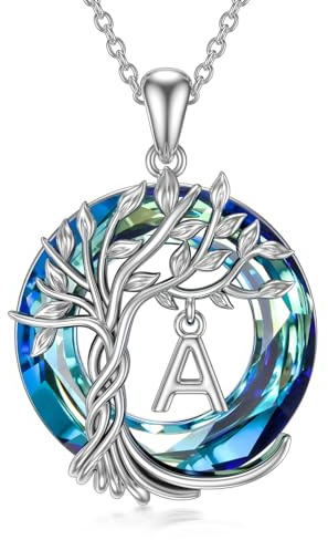 TOUPOP Lebensbaum buchstaben Kette 925 Sterling silber Baum des Lebens Anfangsbuchstaben Anhänger Blau Kristall Kreis Schmuck Geburtstag Geschenk für Damen Mama Ehefrau Freundin Sie