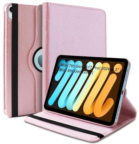 World biz Étui rotatif pour iPad mini (A17 Pro, modèle 2024, 7ème génération)/mini 6 (modèle 2021, 6ème génération), support de protection rotatif à 360 degrés, fonction veille/réveil automatique (or