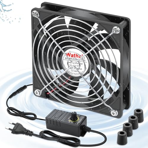 Wathai 120mm x 25mm Kleiner Box-Ventilator IP67 12V Computer-Ventilator | mit AC-Stecker Drehzahlregler 220v 230v 240v für Biltong-Box, Grow-Zelt, Terrarium, Aquarium, Gewächshaus Kühlung
