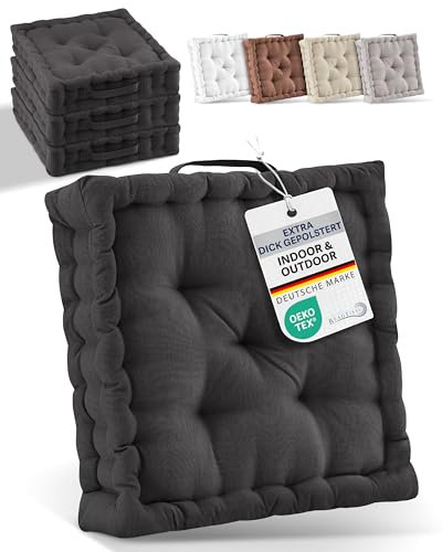 Beautissu 4er Set Bodenkissen Sitzkissen 40x40 cm - Dickes Matratzenkissen 8cm - 100% Baumwolle Stuhlkissen Indoor & Outdoor Sitzkissen Boden Tragegriff extra Dicke Sitzauflagen Anthrazit - Mila