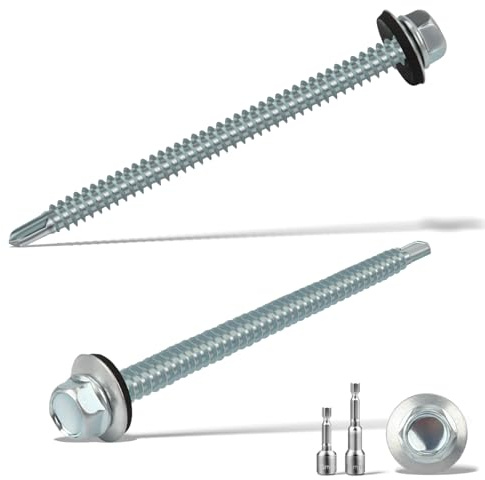 sturiz 20PCS 6.3x100 mm Self Drilling Screws for Metal Roofing Screws with Rubber Washers Hex Head Self Tapping Screws und 2 M10 Hex Socket Tech Screws Zinc Corrugated Roof Fixings for Tin Roof