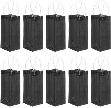 PATIKIL Ice Wine Bag, 10 Pcs Portable Collapsible Clear Wine Pouch Cooler Clear PVC Gift Bags with Handles for Champagne Party Outdoor Cold Beer Chilled Beverages, Black