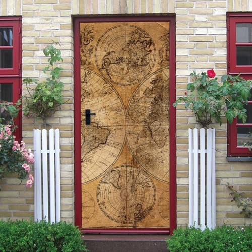 Vinilo Decorativo para Puerta Mapa Antiguo Complejo Papel Pintado Mural Autoadhesivo e Impermeable MarróN Pegatina de Puerta para Baño, Cocina, Sala y Dormitorio 86x200 cm