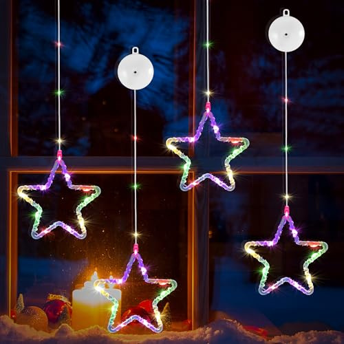 DazSpirit 4 Stück LED Sterne Weihnachtsbeleuchtung, 13 LEDs Fensterbeleuchtung Weihnachten mit Saugnäpfe, 8 Modi und Auto Timer, Batteriebetriebenes LED Weihnachtsdeko für Fenster, Balkon (Bunt) | 13 LEDs Fensterbeleuchtung Weihnachten mit Saugnäpfe, Batteriebetriebenes LED Weihnachtsdeko für Fenster, Balkon (Bunt)