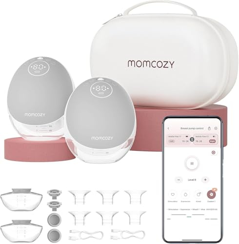 Momcozy Freihändige Milchpumpe Mobile Flow | M9 Upgrade, Elektrisch & App-Steuerung, Personalisierte Multi-Modi & 15 Stufen, Tragbare Pumpe, 24 mm (Grau, 2 Stück)