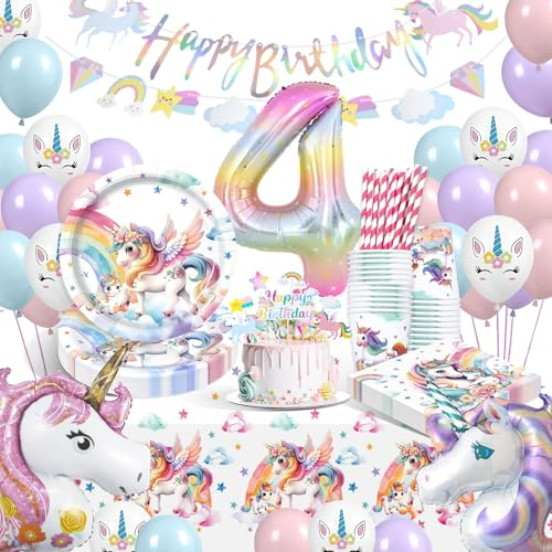 WINAROI Décoration d'anniversaire licorne pour fille de 4 ans, assiettes en carton avec ballons licorne, assiettes en carton, tasses, serviettes, nappe