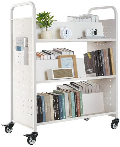 VEVOR Carro para Libros de 3 Niveles Estantería de Libros con Ruedas 97 x 51,5 x 122,5 cm Estante de Almacenamiento en Forma de W Doble Cara Carro Rodante para Biblioteca, Oficina, Escuela, Blanco
